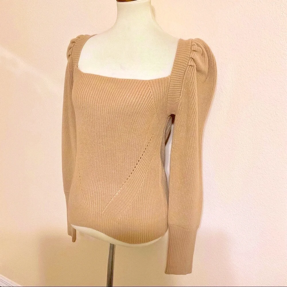 WAYF Leland Tie Back Puff Sleeve Sweater Camel M